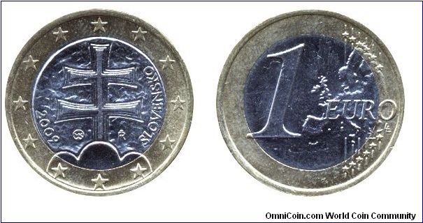Slovakia, 1 euro, 2009, Ni-Brass-Cu-Ni, 23.25mm, 7.5g, bi-metallic, Andrew-cross.                                                                                                                                                                                                                                                                                                                                                                                                                                   