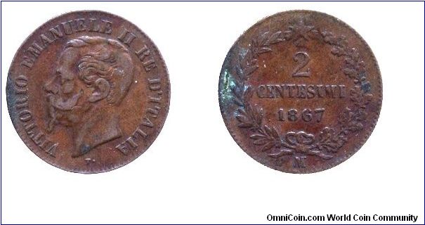 Italy, 2 centesimi, 1867, Cu, King Vittorio Emanuele II.                                                                                                                                                                                                                                                                                                                                                                                                                                                            