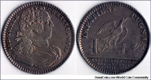 France 1733. A silver jeton issued during the early reign of Louis XV for the `Extraordinaire Des Guerres', a branch of the French royal administration dealing with military finances and accounts. Obverse bust of Louis XV by Joseph Charles Roettier, Chief Engraver to the King of France from 1727 - 1753
