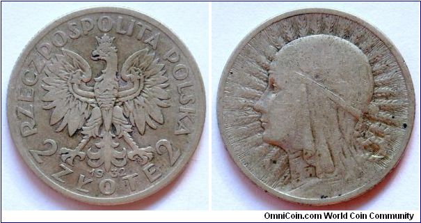 2 zlote.
1932, Ag750.
Weight 4,4g. Diameter 22mm.
Mintage 15.700.000 units.