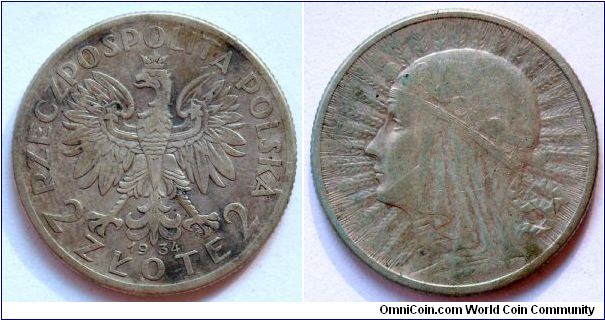 2 zlote.
1934, Ag750.
Weight 4,4g.
Diameter 22mm.
Mintage 250.000 units.