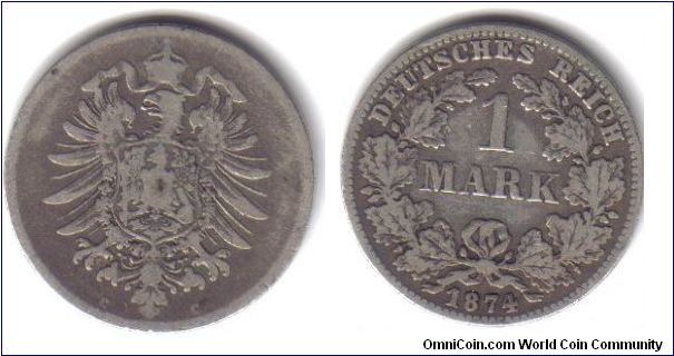 German Empire 1 Mark 1874, 'C' mint Frankfurt, 0.900 silver