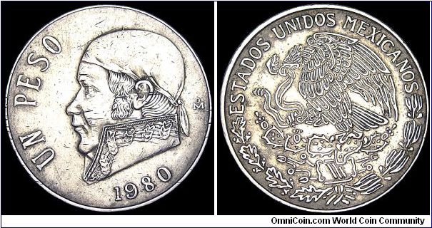 Mexico - 1 Peso - 1980 - Weight 9,1 gr - Copper / Nickel - Size 29 mm - Mintage 318 800 000 - Edge : Reeded - Note : Closed 8 - Reference KM# 460