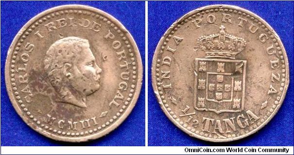 1/12 tanga.
*INDIA PORTUGUEZA*.
Carlos I (1889-1908).
Mintage 960,000 units.


Cu.