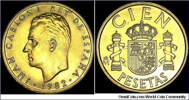 Spain - 100 Pesetas - 1982 - Weight 9,3 gr - Aluminum / Bronze - Size 24,5 mm - Regent / Juan Carlos I - Mintage 117 600 000 - Edge : FLEUR-DE-LIS Repeated - Reference KM# 826 (1982-90)