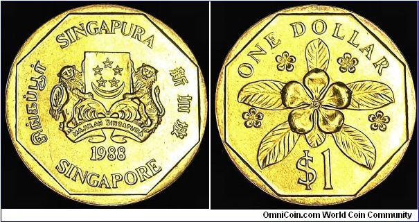 Singapore - 1 Dollar - 1988 - Weight 6,3 gr - Aluminum / Bronze - Size 22,3 mm - Reverse / Perwinkle Flower - Mintage 59 332 000 - Edge : Reeded and Lettering REPUBLIC OF SINGAPORE - Reference KM# 54.b