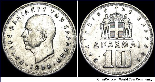 Greece - 10 Drachmai - 1959 - Weight 10 gr - Nickel - Size 30 mm - Regent / Paul I - Mintage 20 000 000 - Edge : Plain - Reference KM# 84