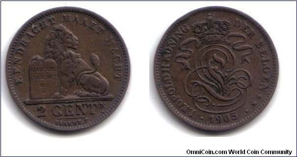 Belgium, 2 Centimes, 1905