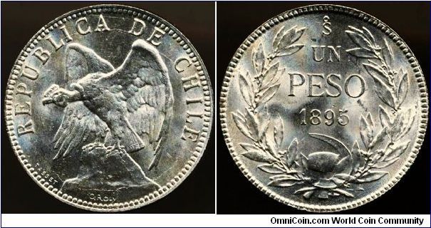 1895 Chile Peso. Common coin with uncommon condition. Select BU. Very scarce in this condition.