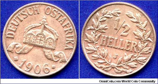 1/2 heller.
Deutsch Ostafrika.
'J'- Hamburg mint.
Mintage 6,000,000 units.


Br.