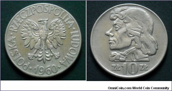 10 zlotych.
1960, Tadeusz Kosciuszko. Cu-ni.
Weight 12,9g.
Diameter 31mm.
Mintage 27.551.153 units.