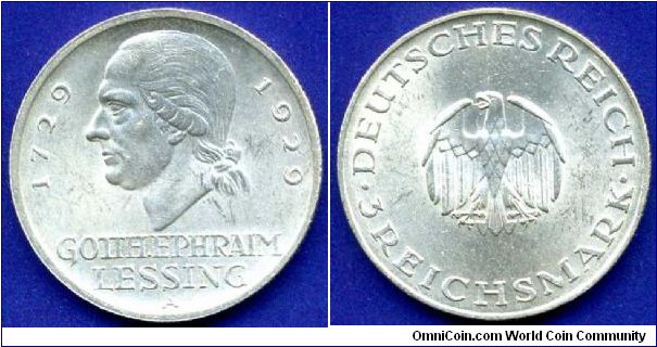 3 Reichsmark.
Weimar Republic.
200th Anniversary - Birth of Gotth.Ephraim Lessing.
'A'- Berlin mint.
Mintage 217,000 units.


Ag500f. 15,0gr.