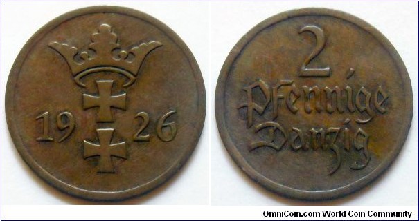 2 pfennige.
1926, Frei Stadt Danzig (Gdansk-Free City)
Brass, Weight 2,5g.
Diameter 19,5mm.
Mintage 1.750.000 units.