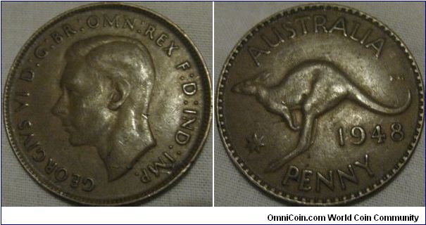 1948 penny,VF grade, struck with a worn die on obverse as a large crack is showing and lines from letters to the rim
