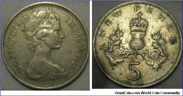 1969 5 pence, fine grade