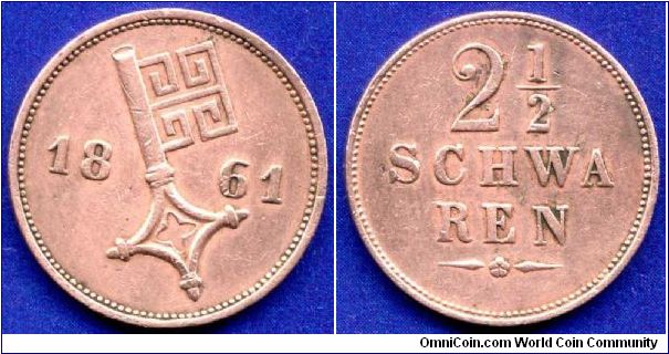 2-1/2 schwaren.
Free stadt Bremen.
Mintage 101,000 units.


Cu.