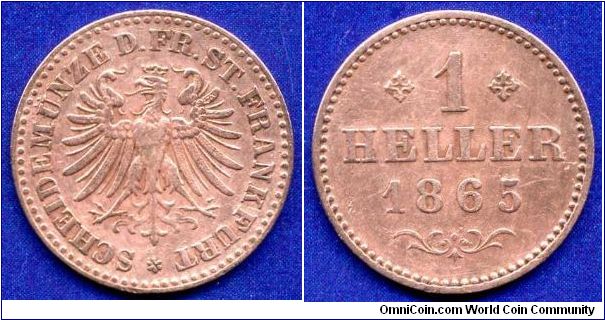 1 heller.
Free stadt Frankfurt.
Mintage 384,000 units.


Cu.