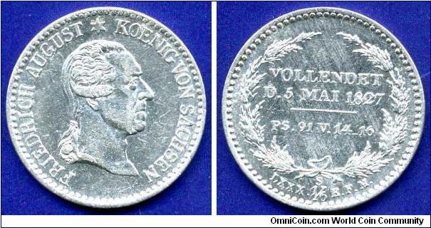 Postmortem 1/6 Thaler (1/4 Gulden, 15 kreuzer).
Kingdom of Saxony.
Death of King Friedrich August I (1806-1827), 5 may 1827.
Mintage 48,000 units.


Ag521f. 5,34gr.