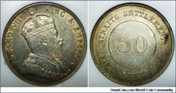 British Straits Settlements Edward VII 50 Cents 1902, NGC-AU55. Scarce this nice.