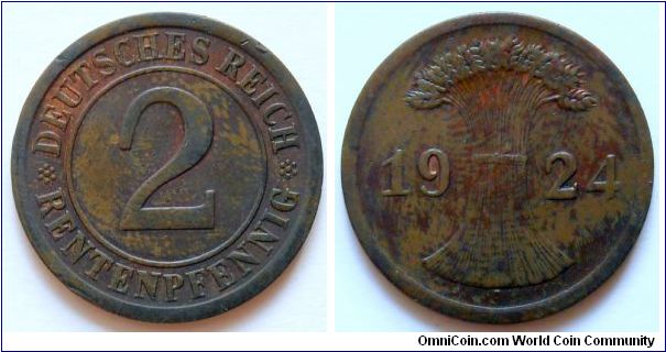 2 rentenpfennig.
1924, Weimar Republic.