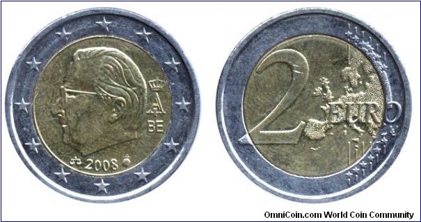 Belgium, 2 euros, 2008, Cu-Ni-Ni-Brass, 25.75mm, 8.5g, bi-metallic, King Albert II, Complete Europe Map, inscription BE.                                                                                                                                                                                                                                                                                                                                                                                            
