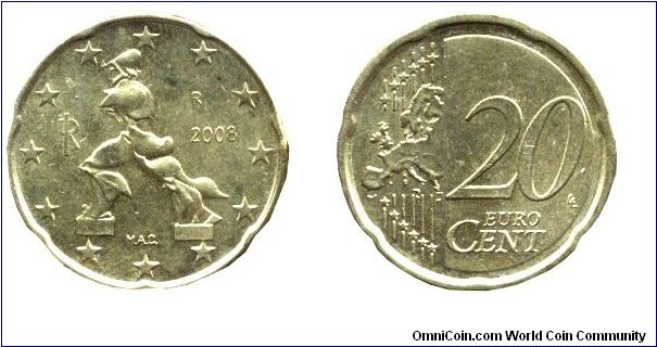 Italy, 20 cents, 2008, Cu-Al-Zn-Sn, 22.25mm, 5.74g, Futurist sculpture of Umberto Boccioni, Complete Europe Map.                                                                                                                                                                                                                                                                                                                                                                                                    