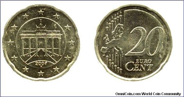 Germany, 20 cents, 2007, Cu-Al-Zn-Sn, 22.25mm, 5.74g, MM: F (Frankfurt), Brandenburger Gate, Complete Europe Map.                                                                                                                                                                                                                                                                                                                                                                                                   