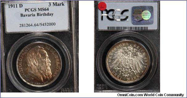 Bavarian 3 Mark commemorative
Subject: 90th Birthday

MS-64