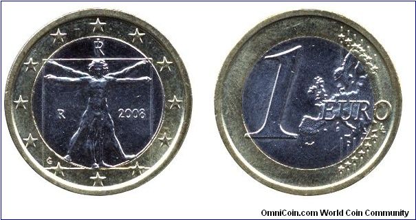 Italy, 1 euro, 2008, Ni-Brass-Cu-Ni, 23.25mm, 7.5g, bi-metallic, Famous Drawing of Leonardo da Vinci about the ideal ratio of the Human body, can be found at the Venetian Accademia, Complete Europe Map.                                                                                                                                                                                                                                                                                                          