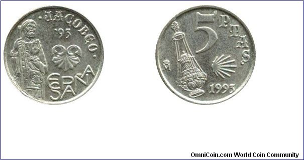 Spain, 5 pesetas, 1993, Ni-Brass, Jacobeo '93.                                                                                                                                                                                                                                                                                                                                                                                                                                                                      