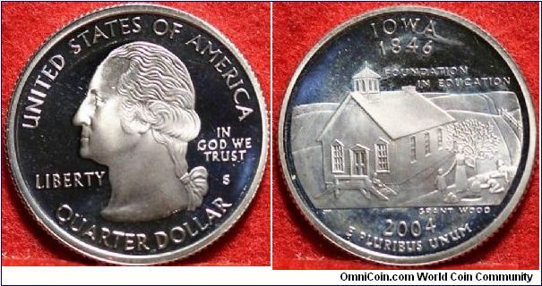 2004-S Silver Iowa State Quarter. Subject: 'Foundation in Education'. Common but nice design and blue toned Proof.