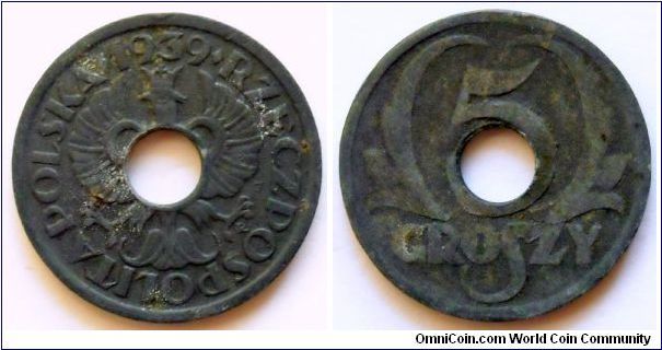 5 groszy.
1939, Nazi German ocupation WW II.
Issued for General Government.
Zinc. Mintage 15.324.000 units.