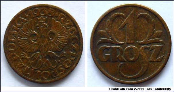 1 grosz.
1938, Brass.
Weight 1,5g.
Diameter 14,7mm.
Mintage 20.530.000 units.