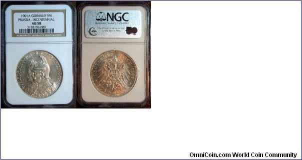 1901 5 Mark Prussian commemorative

Subject:Prussian Bicentennial

NGC AU-58