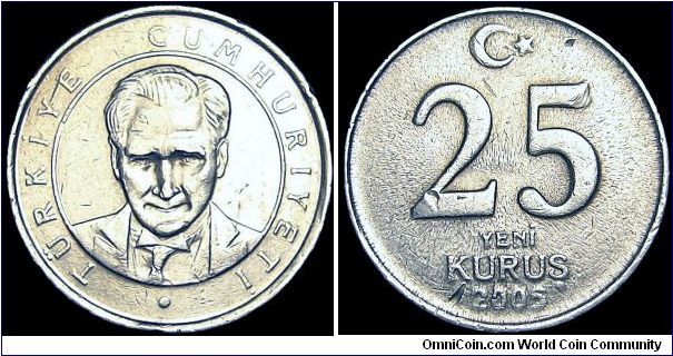 Turkey - 25 New Korus - 2005 - Weight 5,3 gr - Copper / Nickel - Size 21,5 mm - Edge : Reeded - Reference KM# 1167