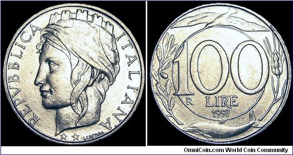 Italy - 100 Lire - 1997 - Weight 6,5 gr - Copper / Nickel - Size 22 mm - Designer / Laura Cretara - Mintage 70 000 000 - Edge : Broked Mill - Reference KM# 159