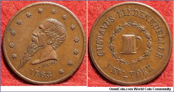 1863 Civil War Store Token. Rev. 'Gustavus Lindenmueller New-York'.