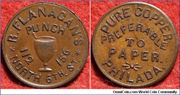 Civil War R. Flanagan's Store Token, Obv. 'R. Flanagan's Punch 112 156 North 6th. St.' /  Rev. 'Pure Copper Preferable To Paper. Philada'.
