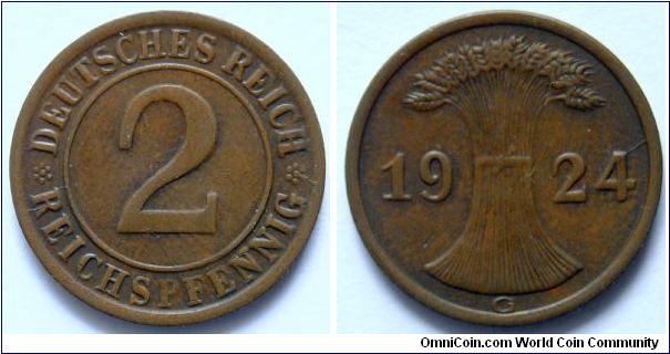 2 pfennig.
1924, Weimar Republic.
Mintmark (G) Karlsruhe.