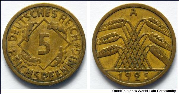 5 reichspfennig.
1925, Weimar Republic.