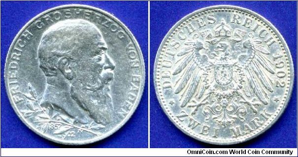 2 Mark.
German Empire.
Baden.
50 years reign of the Grand Duke Friedrich 1852-1902.
Mintage 375,000 units.


Ag900f. 11,11gr.