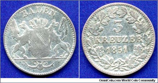 3 kreuzer.
Duchy of Baden.
Duke Leopold I (1830-1852).
Mintage 196,000 units.


Ag333f. 1,29gr.