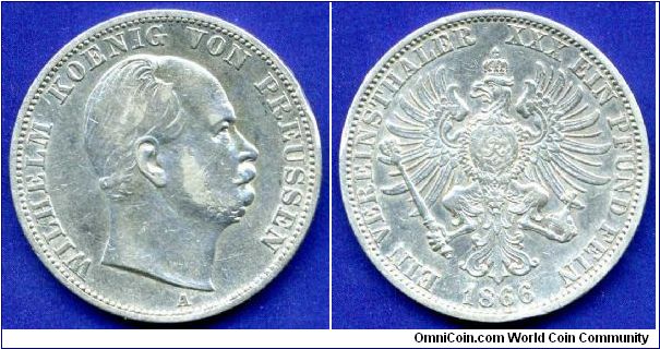 Vereinsthaler.
Kingdom of Prussia.
Wilhelm I (1861-1888, 1871 - as Emperor).
'A' - Berlin mint.
Mintage 24,409,000 units.


Ag900f. 18,52gr.