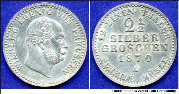 2-1/2 Silber Groschen (1/12 Thaler).
Kingdom of Prussia.
Wilhelm I (1861-1888).
'A' - Berlin mint.


Ag375f. 3,24gr.