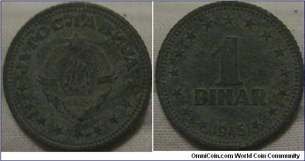 1945 zinc 1 dinar VF grade