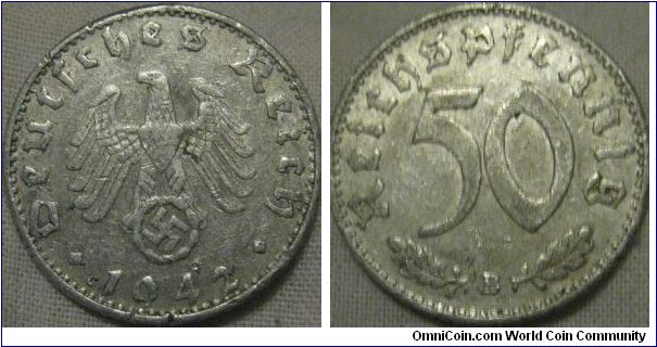 1942 B 50 pfennig, scarce mint as most were minted in berlin in 1942