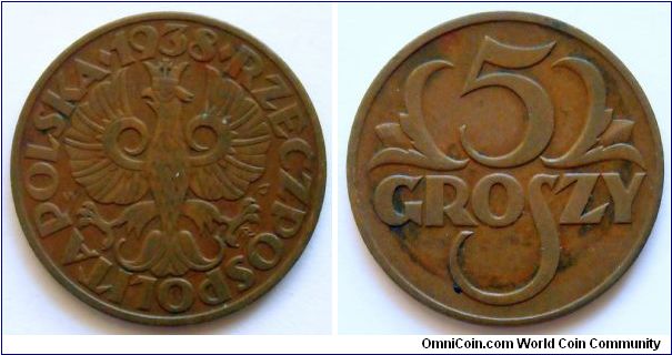 5 groszy.
1938, Brass.
Weight 3g.
Diameter 20mm.
Mintage 17.300.000 units.