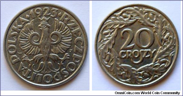 20 groszy.
1923, Nickel.
Weight 3g.
Diameter 20mm.
Plain edge.
Mintage 150.000.000 units.