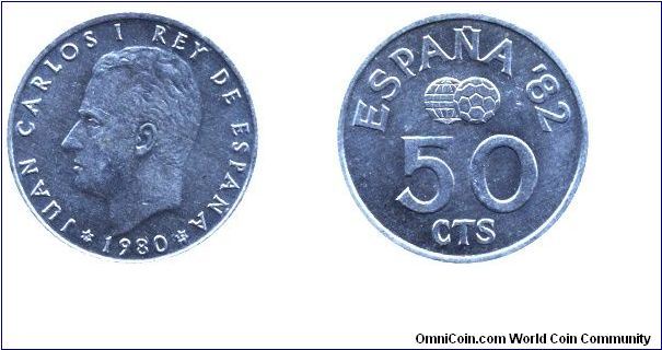 Spain, 50 centimos, 1980, Al, World Soccer Championship Spain 1982, King Juan Carlos I.                                                                                                                                                                                                                                                                                                                                                                                                                             