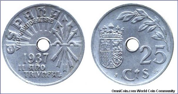 Spain, 25 centimos, 1937, Cu-Ni, II Ano Triunfal, Espana, una grande libre, Second Spanish Republic.                                                                                                                                                                                                                                                                                                                                                                                                                